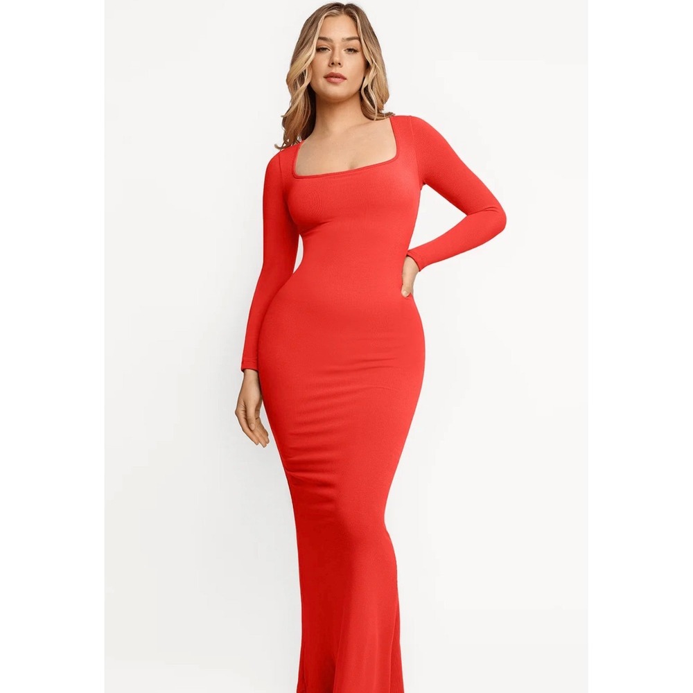 Popilush Red Built-In Shapewear Long Sleeve Square Neck Maxi Dress Small